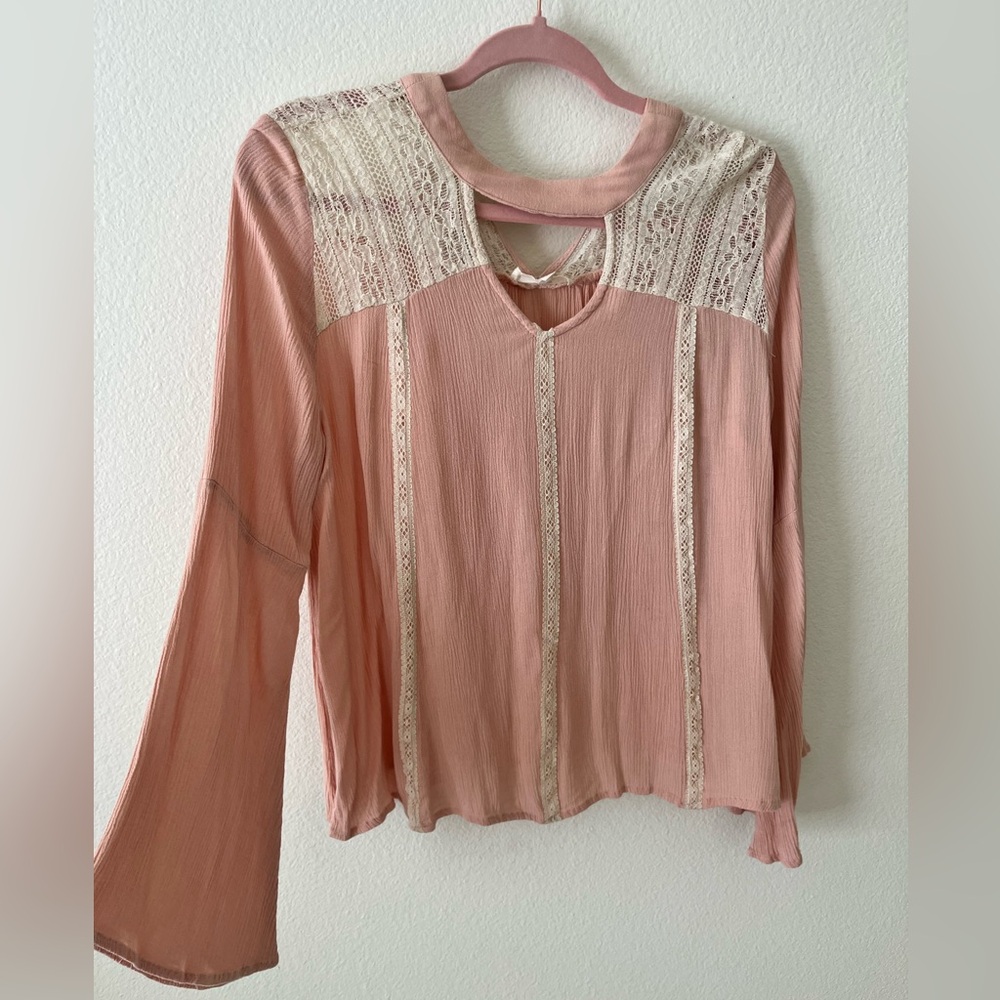 Entro Cotton Blend Lace Blouse Bell Sleeve Bow Large